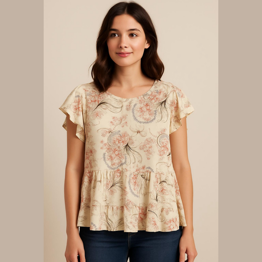 Jeans By Buffalo Womens Peplum Blouse Size M Floral Multicolor Slit Long Sleeve